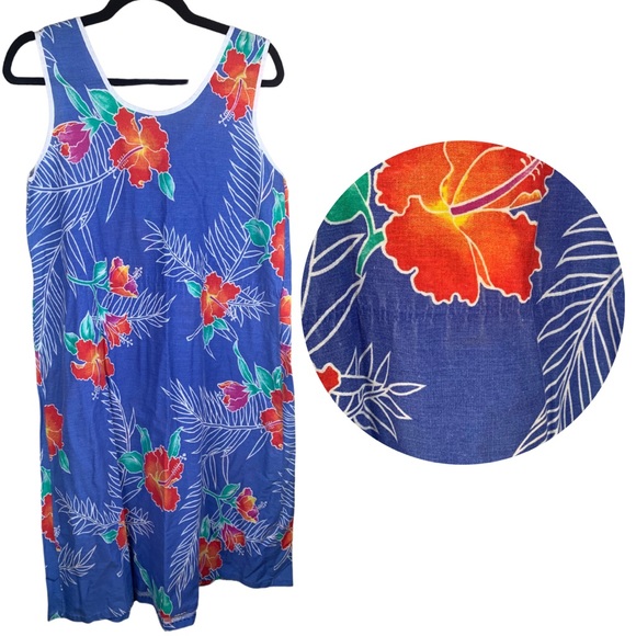 Vintage Hawaiian Hand sewn Blue Aloha Print sleeveless MIDI Dress cotton fabric - Picture 2 of 3